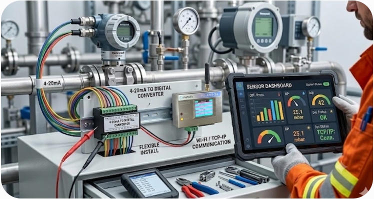 Conceptual 4–20mA sensor, RTU and remote dashboard monitoring arrangement
